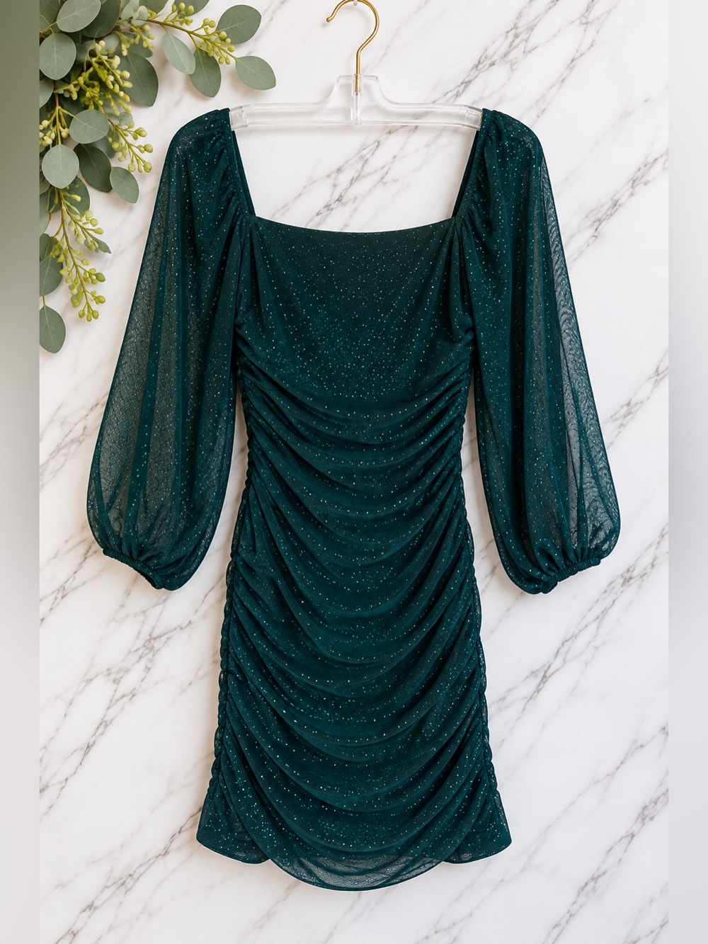 Speechless Emerald Green Glitter Ruched Mini Dress Sheer Sleeves M Holiday Party
